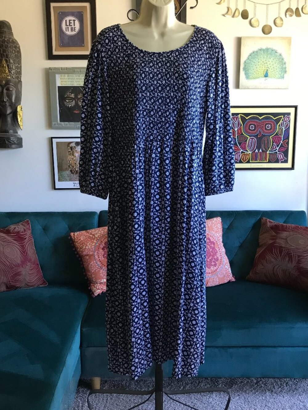 CROFT & BARROW size M Navy Blue Floral Print Cottagecore Smocked Midi Dress